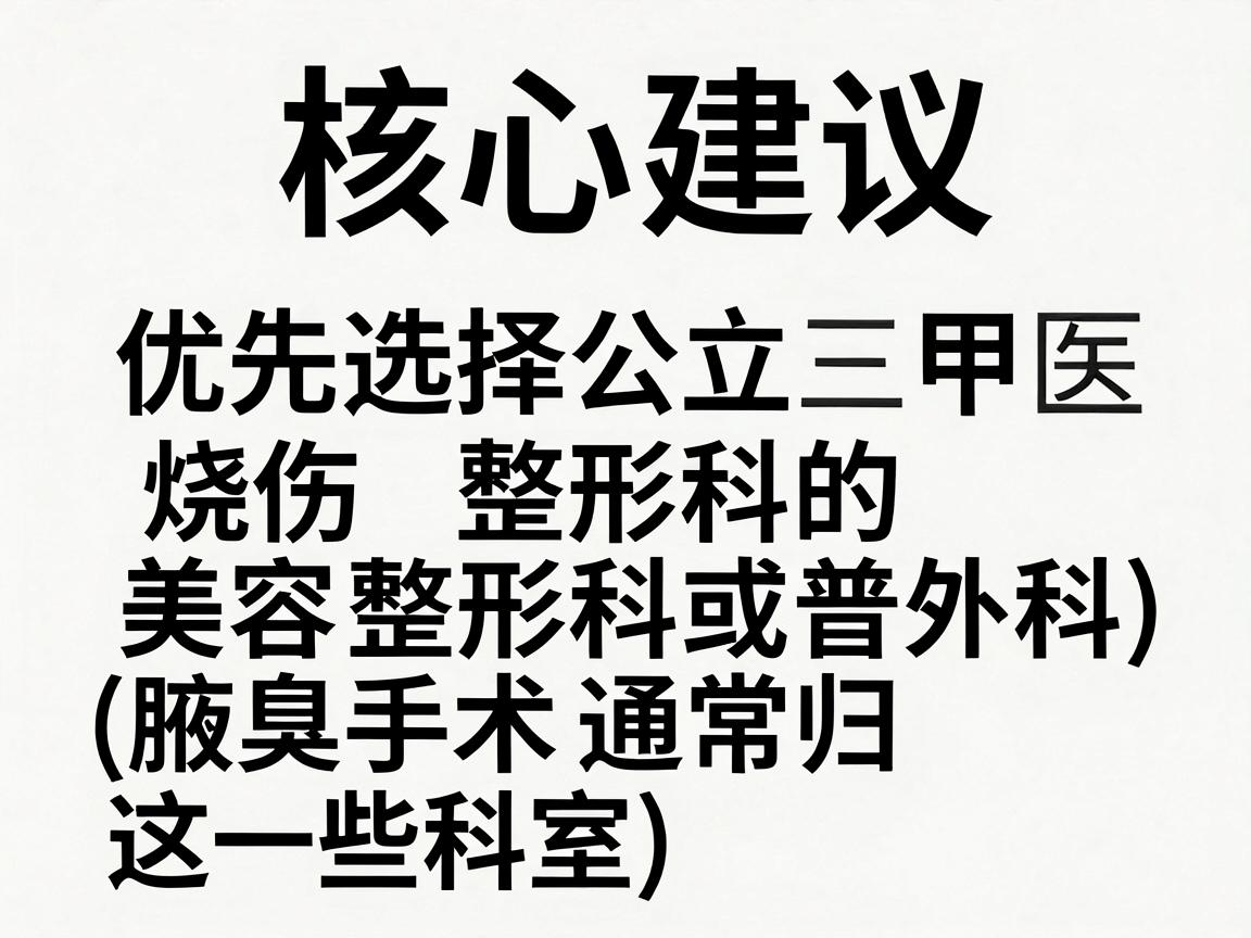 核心建议，优先选择公立三甲医院的烧伤整形科、美容整形科或普外科（腋臭手术通常归这些科室）