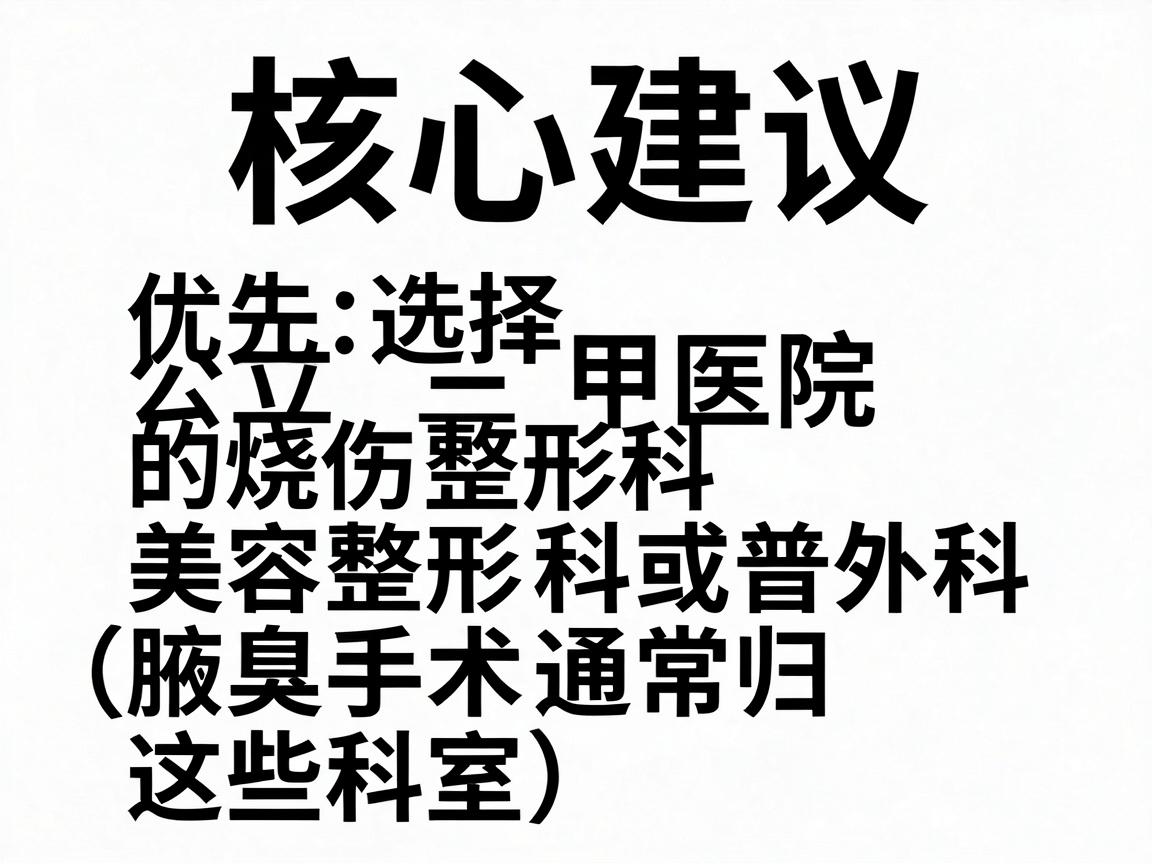核心建议，优先选择公立三甲医院的烧伤整形科、美容整形科或普外科（腋臭手术通常归这些科室）