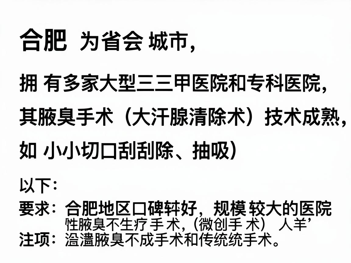 合肥作为省会城市，拥有多家大型三甲医院和专科医院，其腋臭手术（大汗腺清除术）技术成熟，治疗方式主要包括微创手术（如小切口刮除、抽吸）和传统手术。以下是合肥地区口碑较好、规模较大的医院推荐及注意事项