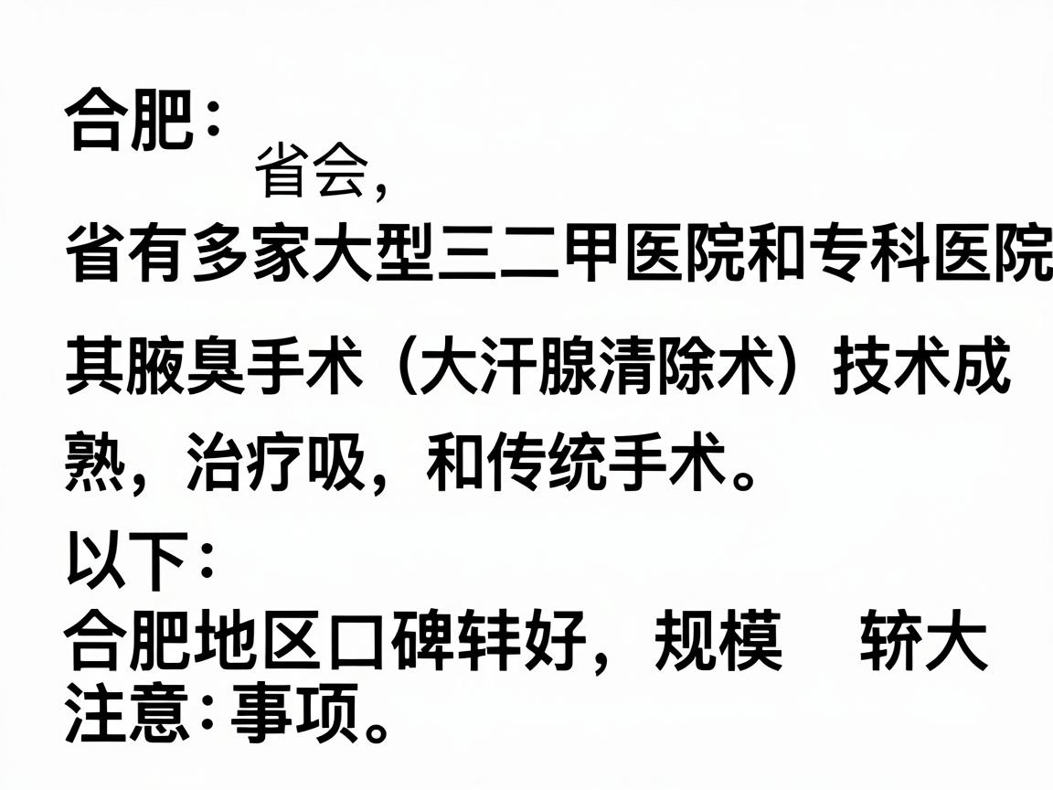 合肥作为省会城市，拥有多家大型三甲医院和专科医院，其腋臭手术（大汗腺清除术）技术成熟，治疗方式主要包括微创手术（如小切口刮除、抽吸）和传统手术。以下是合肥地区口碑较好、规模较大的医院推荐及注意事项
