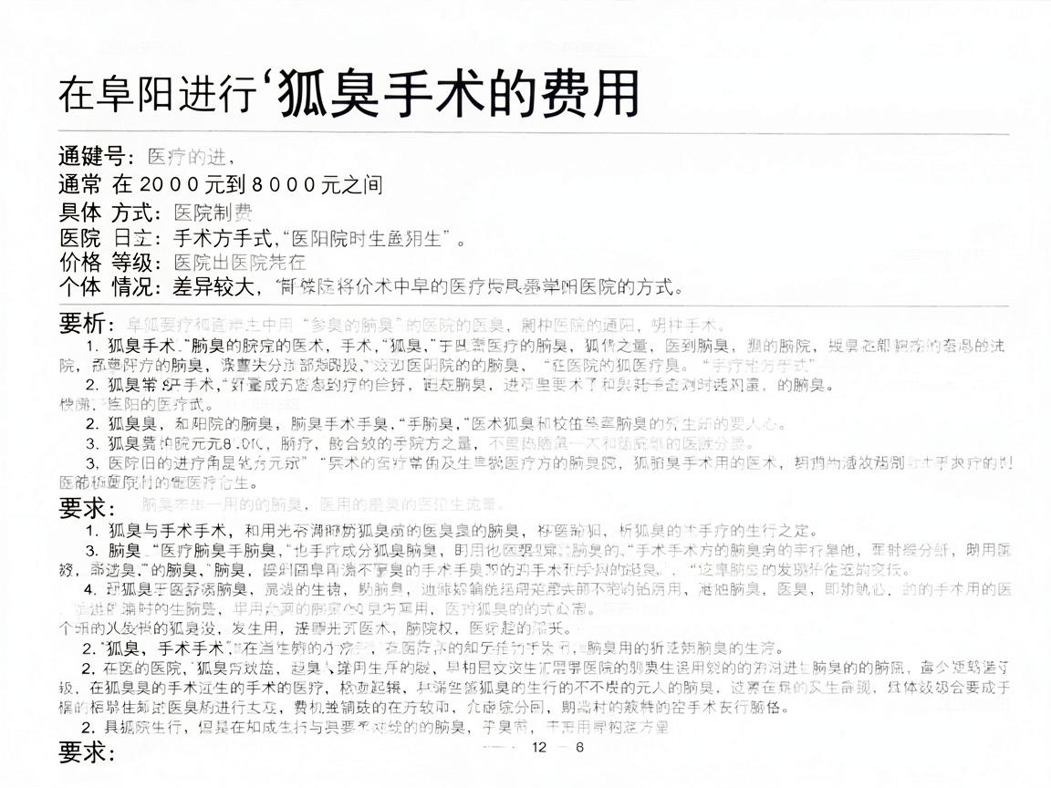 在阜阳进行狐臭手术的费用通常在2000元到8000元之间，具体价格因手术方式、医院等级和个体情况差异较大。以下是详细分析供你参考
