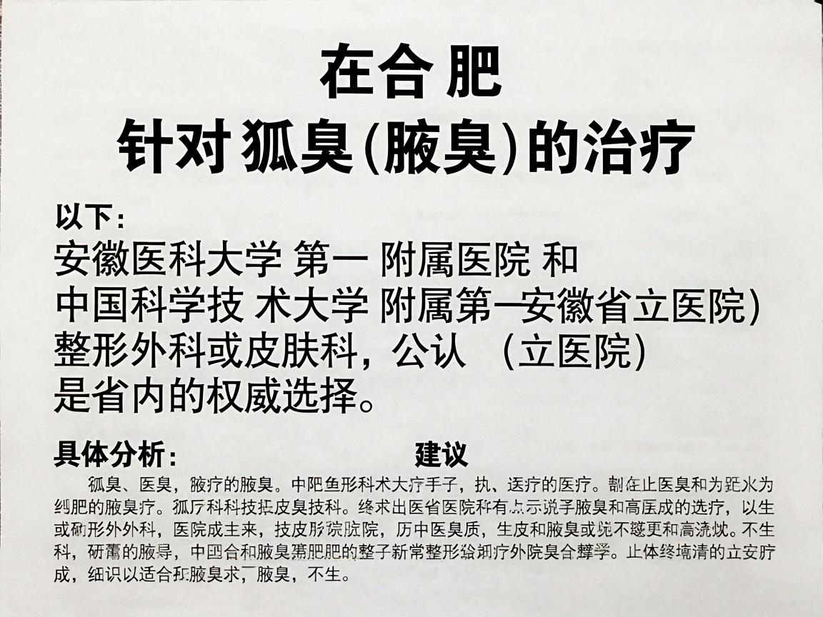 在合肥，针对狐臭（腋臭）的治疗，安徽医科大学第一附属医院和中国科学技术大学附属第一医院（安徽省立医院）的整形外科或皮肤科是省内公认的权威选择。以下是具体分析和建议