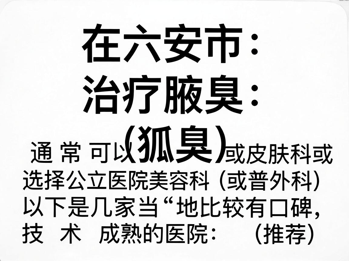 在六安市，治疗腋臭（狐臭）通常可以选择公立医院的皮肤科或整形美容科（或普外科）以下是几家当地比较有口碑、技术成熟的医院推荐，供你参考