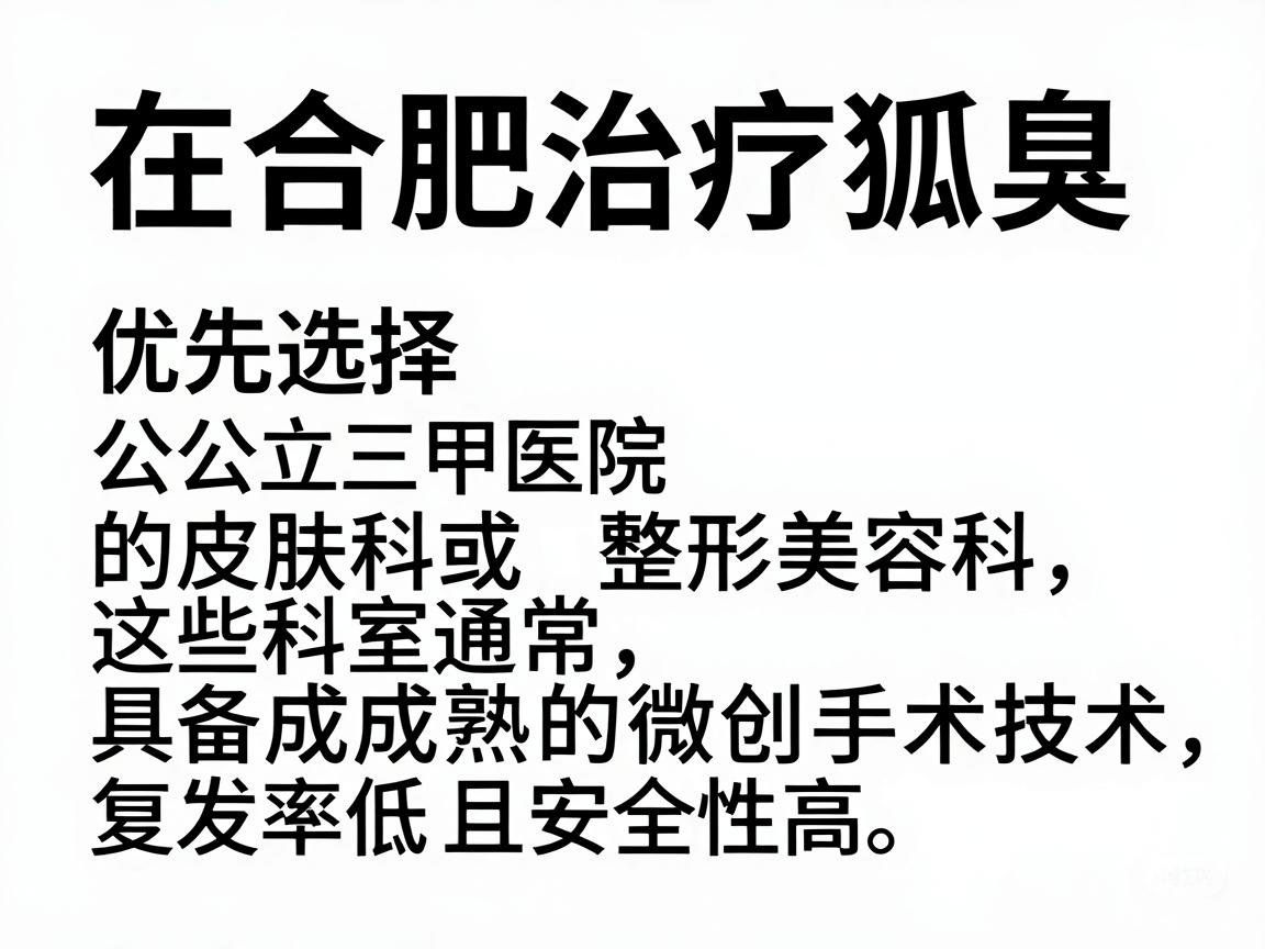在合肥治疗狐臭（腋臭）建议优先选择公立三甲医院的皮肤科或整形美容科，这些科室通常具备成熟的微创手术技术，复发率低且安全性高。以下是几家口碑较好的医院及科室推荐