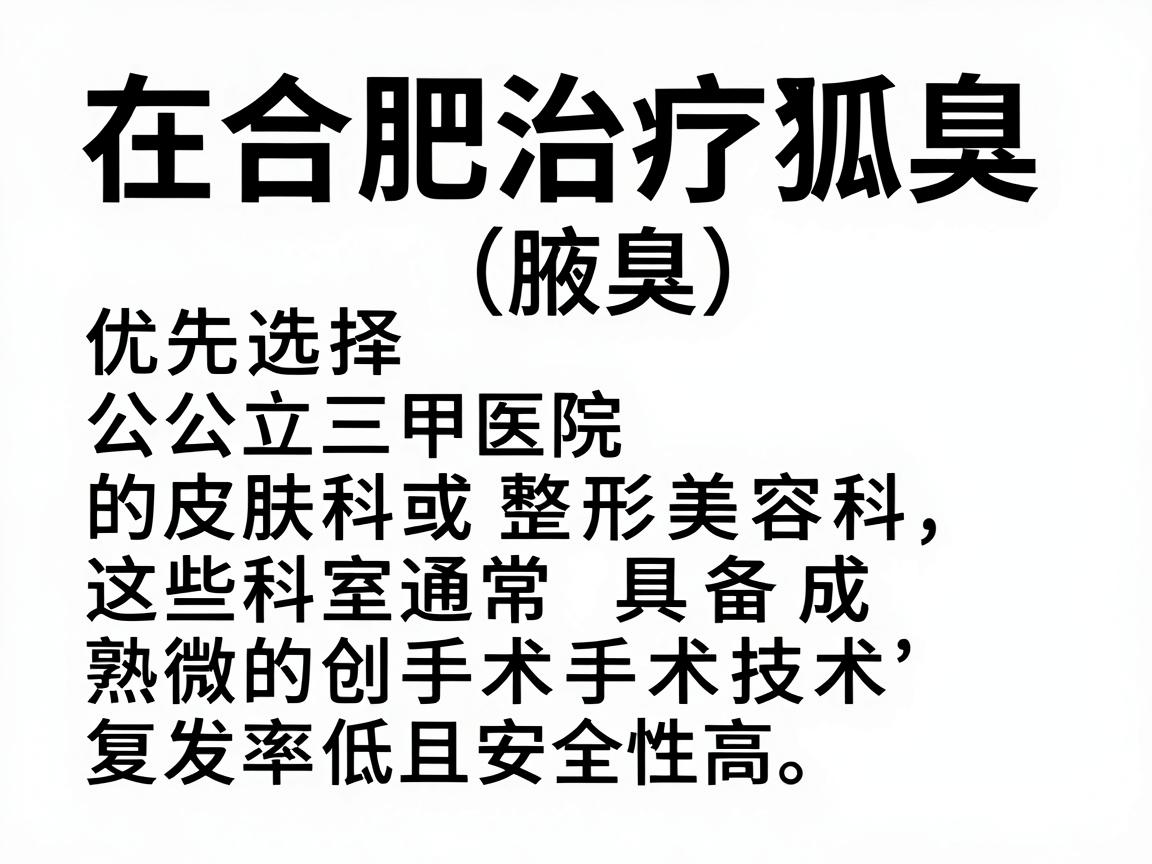 在合肥治疗狐臭（腋臭）建议优先选择公立三甲医院的皮肤科或整形美容科，这些科室通常具备成熟的微创手术技术，复发率低且安全性高。以下是几家口碑较好的医院及科室推荐