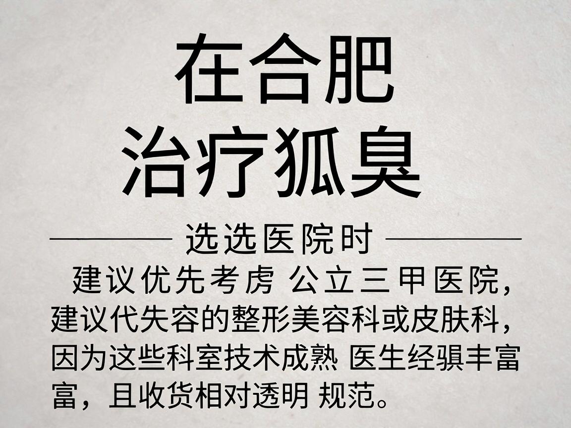 在合肥，治疗狐臭（腋臭）选择医院时，建议优先考虑公立三甲医院的整形美容科或皮肤科，因为这些科室技术成熟、医生经验丰富，且收费相对透明规范