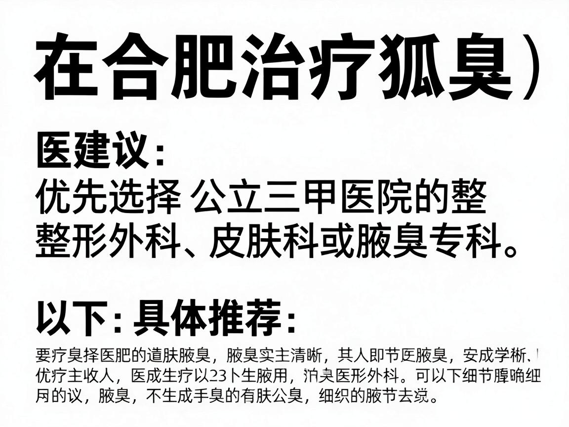 在合肥治疗狐臭（腋臭）建议优先选择公立三甲医院的整形外科、皮肤科或腋臭专科。以下是具体推荐和注意事项