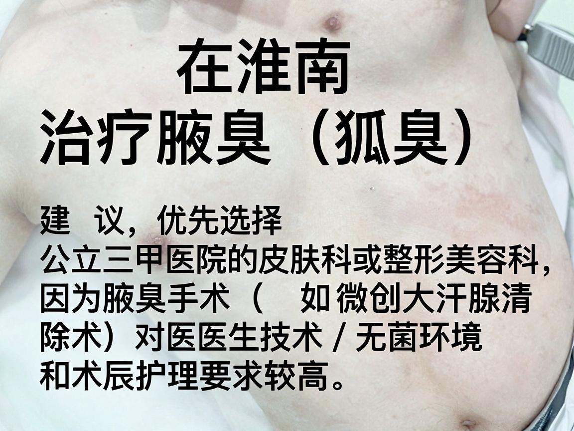 在淮南，治疗腋臭（狐臭）建议优先选择公立三甲医院的皮肤科或整形美容科，因为腋臭手术（如微创大汗腺清除术）对医生技术、无菌环境和术后护理要求较高