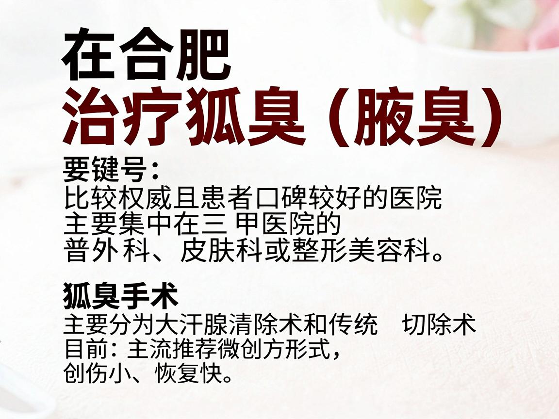 在合肥，治疗狐臭（腋臭）比较权威且患者口碑较好的医院主要集中在三甲医院的普外科、皮肤科或整形美容科。狐臭手术主要分为微创大汗腺清除术和传统切除术，目前主流推荐微创方式，创伤小、恢复快