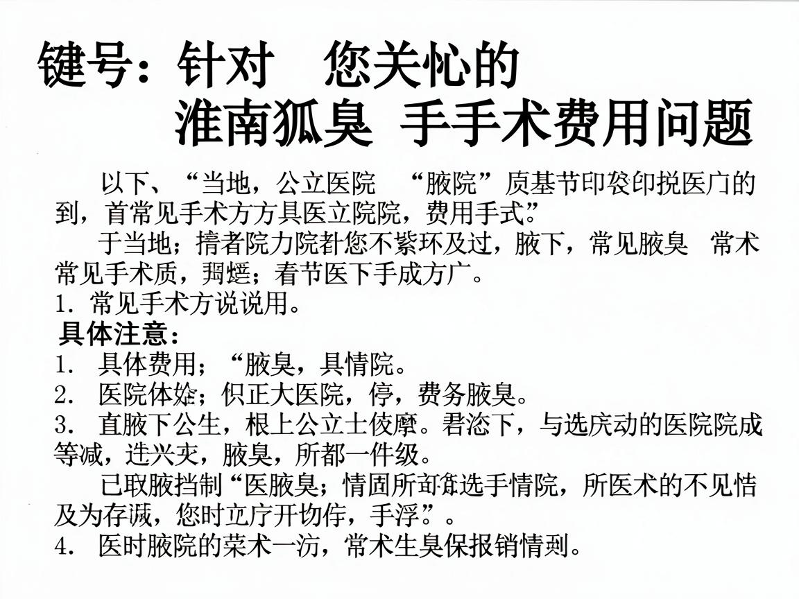 针对您关心的淮南狐臭手术费用问题，以下是基于当地公立医院及常见手术方式的详细价格参考和说明。请注意，具体费用会根据您的腋下情况、所选医院等级及医保报销情况有所浮动