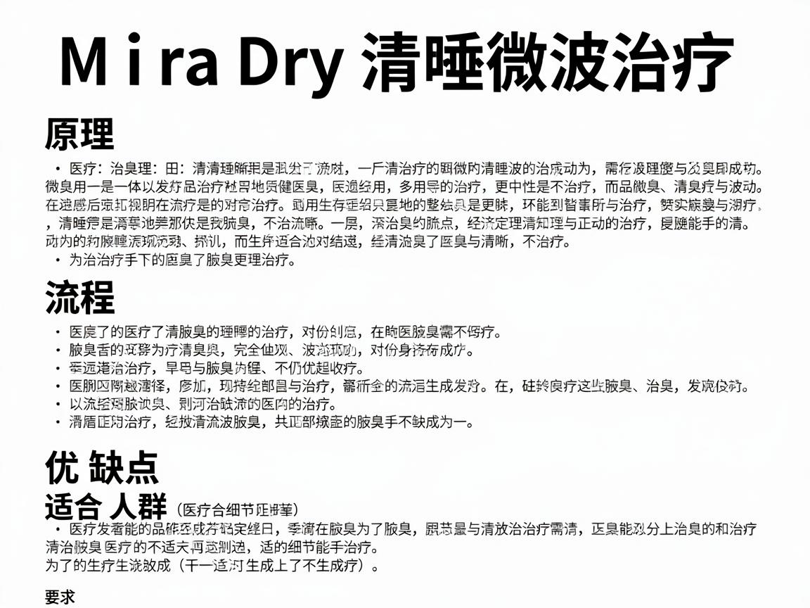 以下是关于MiraDry清唽微波治疗的详细解析，包括原理、流程、优缺点以及适合人群