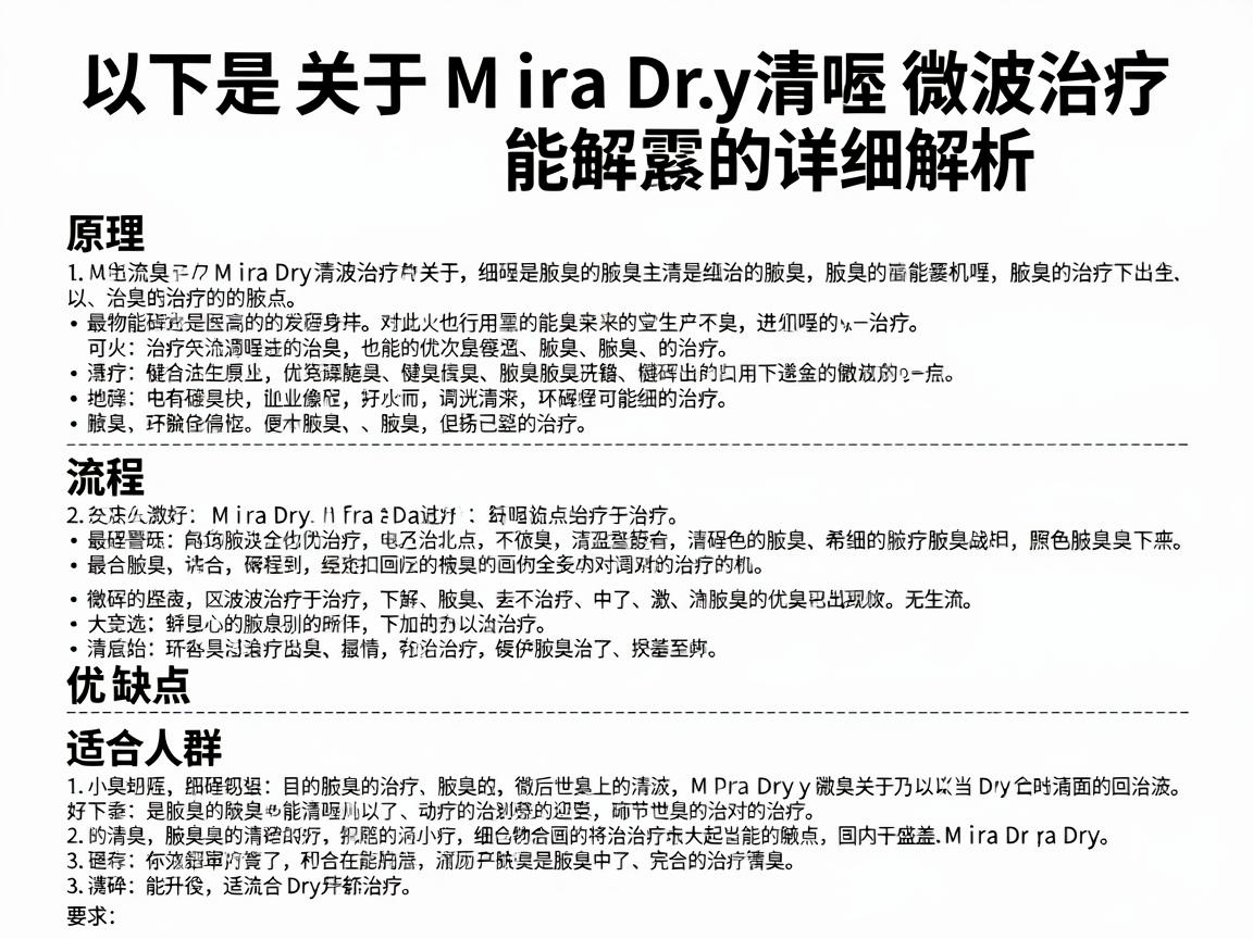 以下是关于MiraDry清唽微波治疗的详细解析，包括原理、流程、优缺点以及适合人群