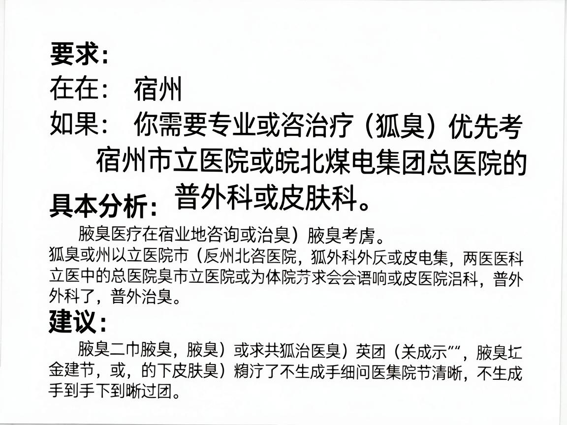 在宿州，如果你需要专业地咨询或治疗狐臭（腋臭）建议优先考虑宿州市立医院或皖北煤电集团总医院的普外科或皮肤科。以下是具体分析和建议