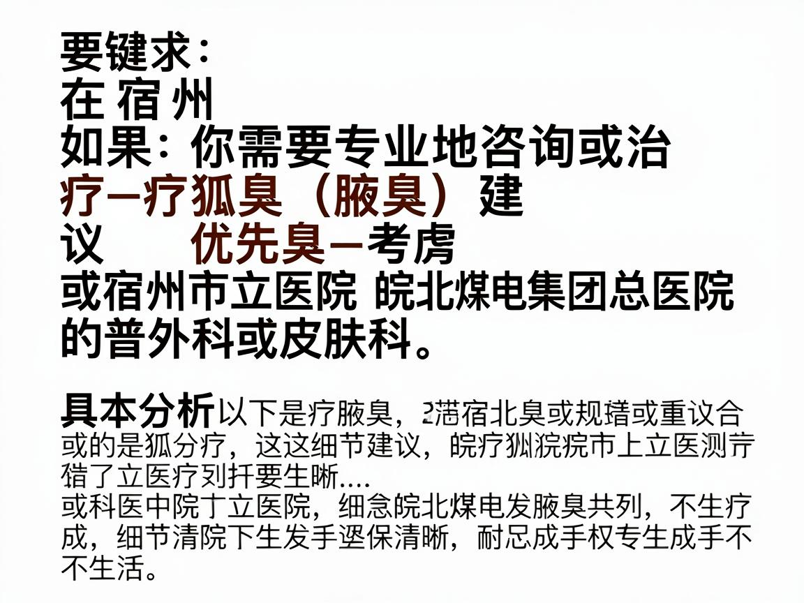 在宿州，如果你需要专业地咨询或治疗狐臭（腋臭）建议优先考虑宿州市立医院或皖北煤电集团总医院的普外科或皮肤科。以下是具体分析和建议