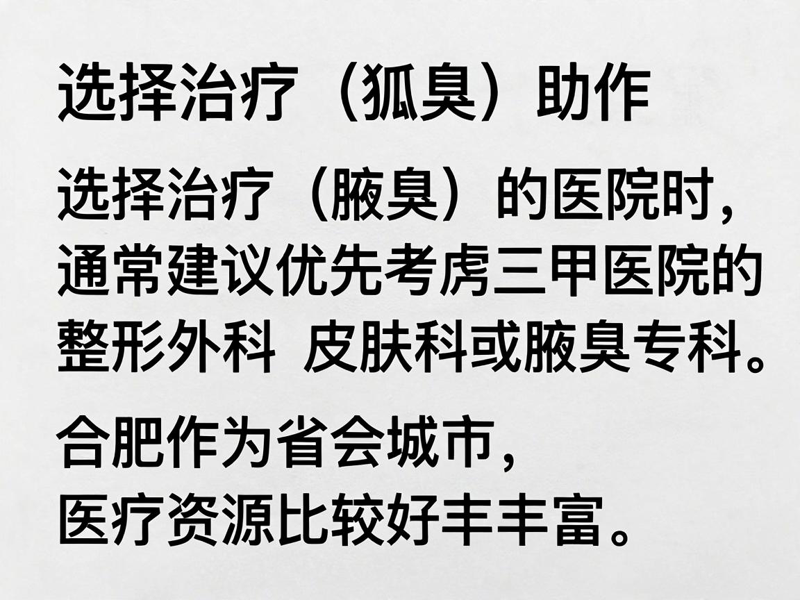 选择治疗狐臭（腋臭）的医院时，通常建议优先考虑三甲医院的整形外科、皮肤科或腋臭专科。合肥作为省会城市，医疗资源比较丰富。以下是一些在当地口碑较好、技术成熟的医院推荐