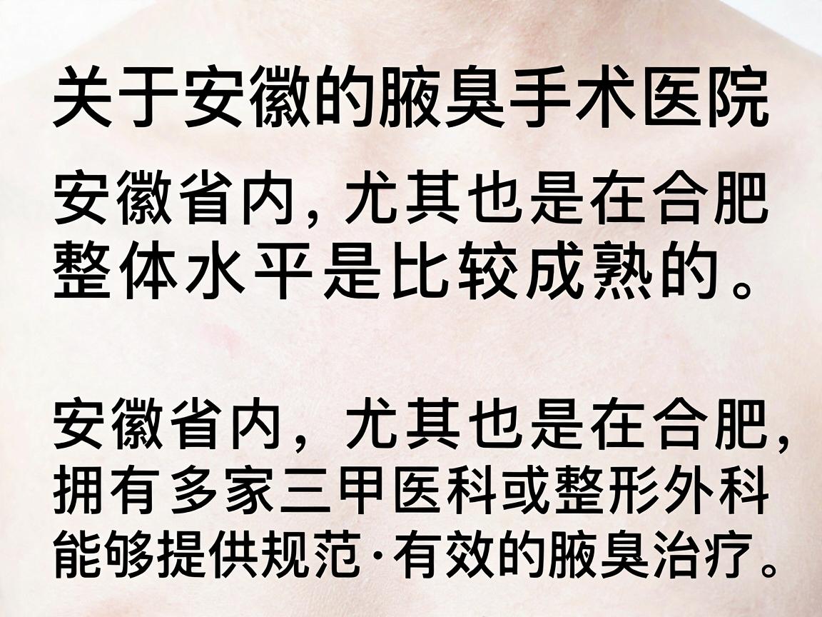 关于安徽的腋臭手术医院，整体水平是比较成熟的。安徽省内，尤其是在合肥，拥有多家三甲医院的皮肤科或整形外科，能够提供规范、有效的腋臭治疗