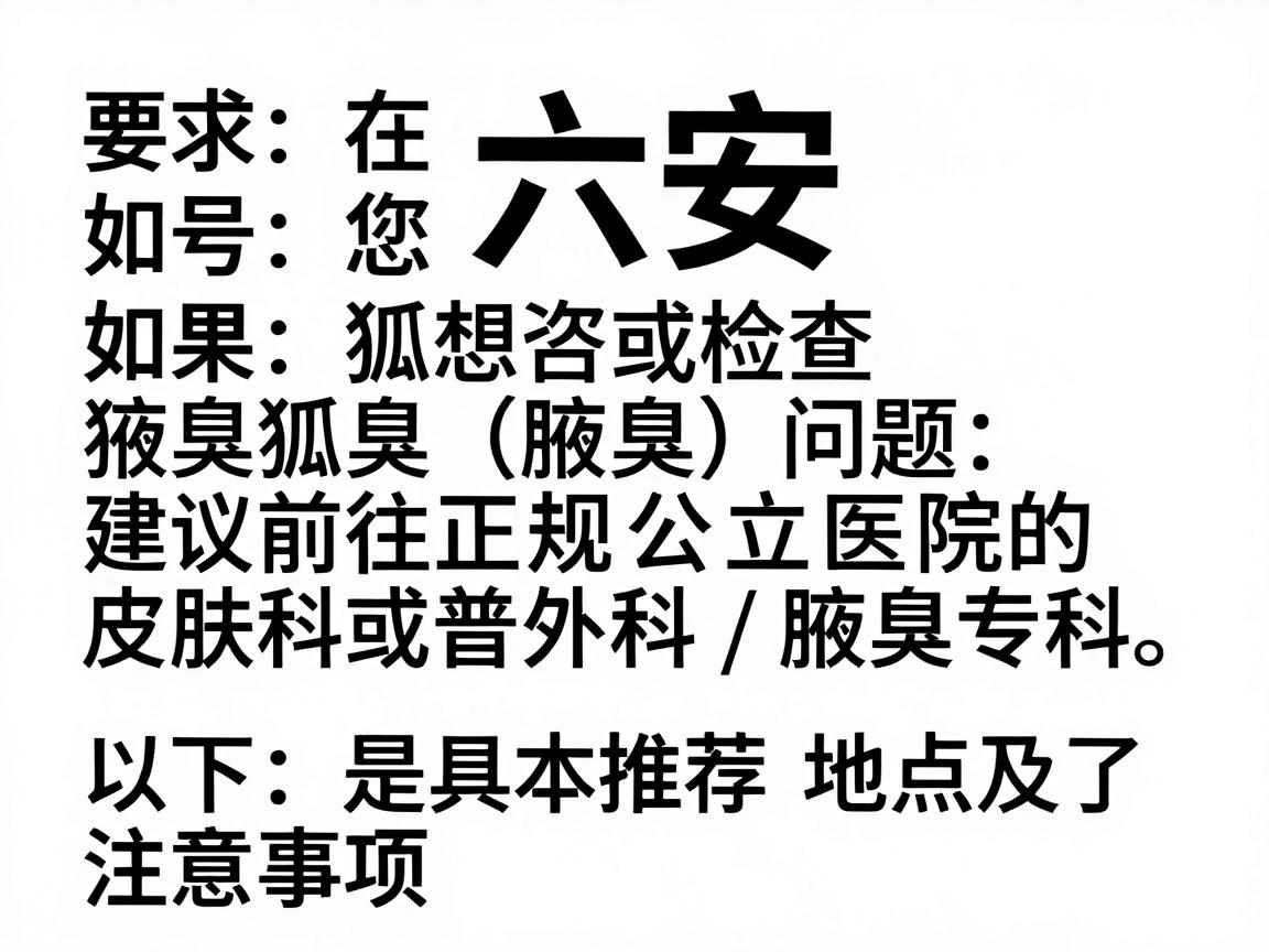 在六安，如果您想咨询或检查狐臭（腋臭）问题，建议前往正规公立医院的皮肤科或普外科/腋臭专科。以下是具体推荐地点及注意事项