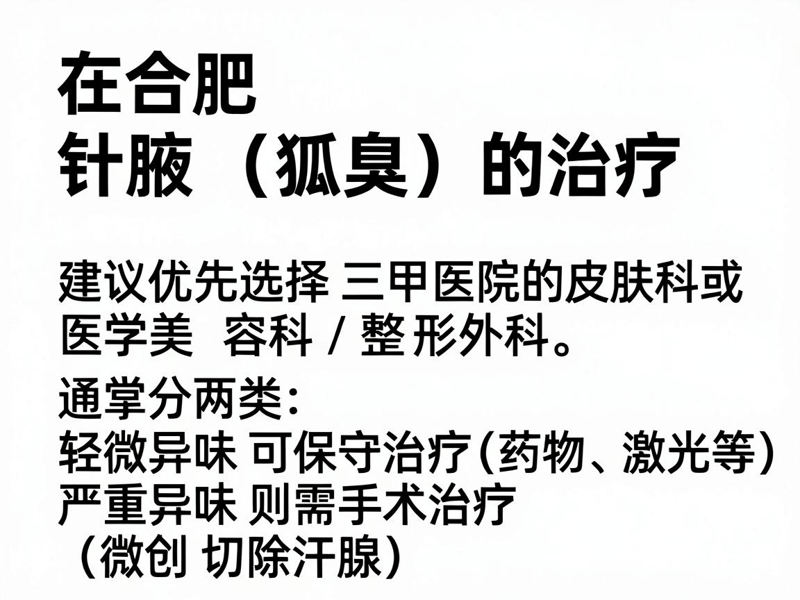 在合肥，针对腋臭（狐臭）的治疗，建议优先选择三甲医院的皮肤科或医学美容科/整形外科。腋臭的治疗通常分两类，轻微异味可保守治疗（药物、激光等）严重异味则需手术治疗（微创切除汗腺）