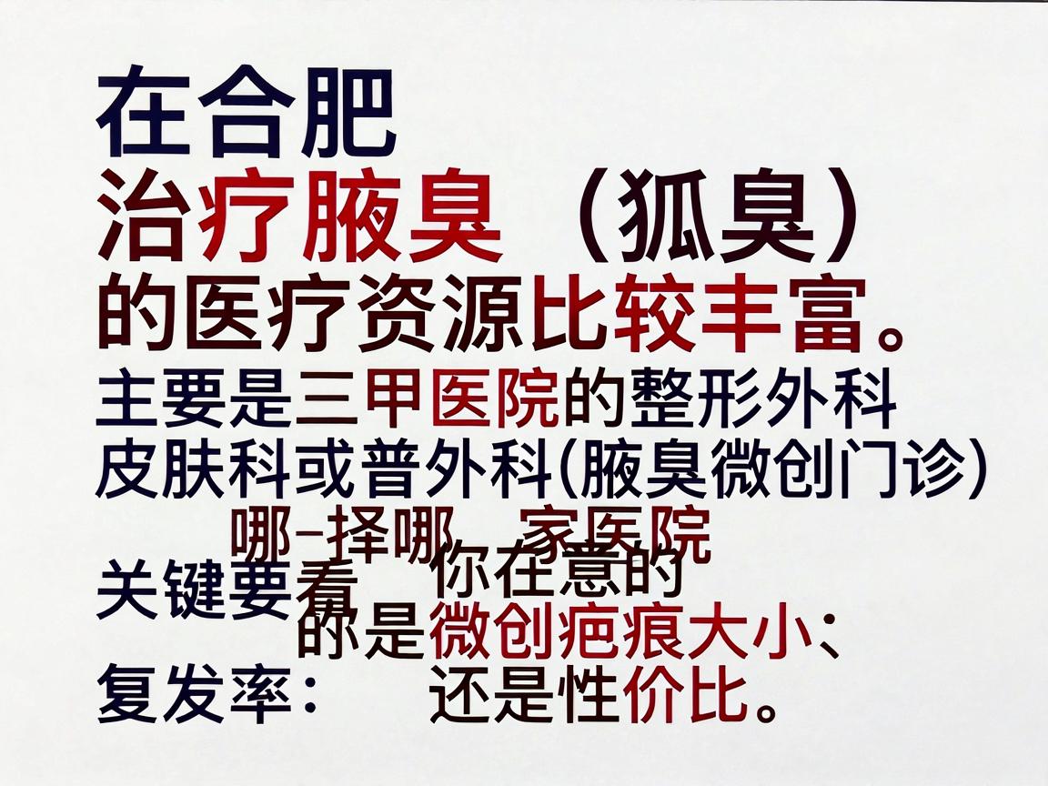在合肥，治疗腋臭（狐臭）的医疗资源比较丰富，主要是三甲医院的整形外科、皮肤科或普外科（腋臭微创门诊）选择哪家医院，关键要看你在意的是微创疤痕大小、复发率还是性价比