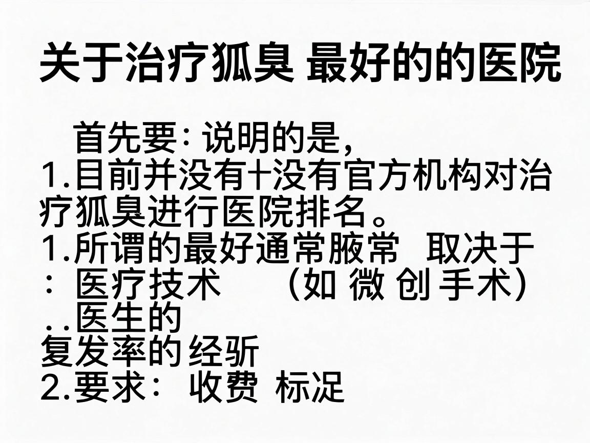 关于治疗狐臭最好的医院，首先要说明的是，目前并没有官方机构对治疗狐臭进行医院排名。所谓的最好通常取决于医疗技术（如微创手术）医生的经验、复发率以及医院的收费标准