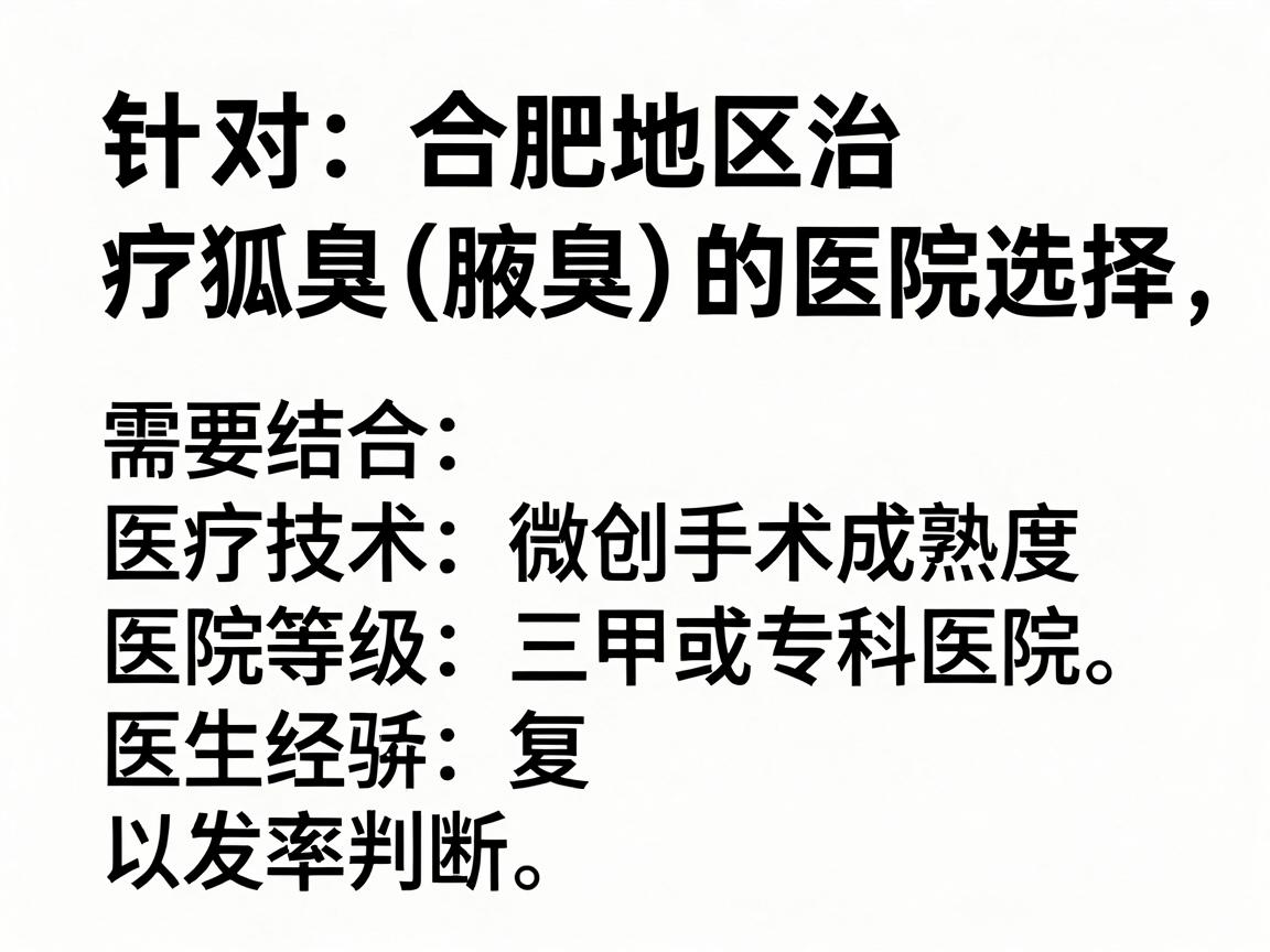 针对合肥地区治疗狐臭（腋臭）的医院选择，需要结合医疗技术（微创手术成熟度）医院等级（三甲或专科医院）医生经验以及复发率来综合判断。以下是经过整理的推荐名单和建议，供你参考