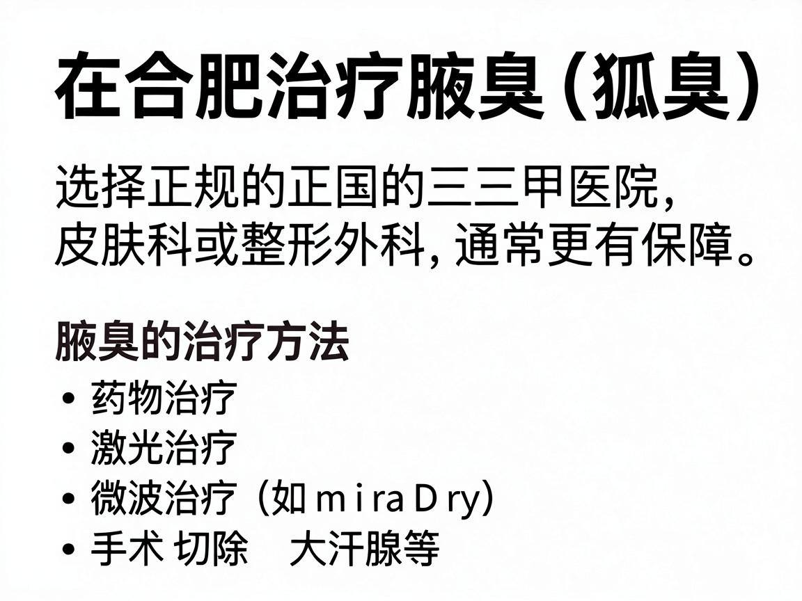 在合肥治疗腋臭（狐臭）选择正规的三甲医院皮肤科或专业的整形外科通常更有保障。腋臭的治疗方法包括药物治疗、激光治疗、微波治疗（如miraDry）和手术切除大汗腺等，不同医院的优势技术不同