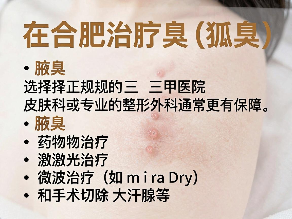 在合肥治疗腋臭（狐臭）选择正规的三甲医院皮肤科或专业的整形外科通常更有保障。腋臭的治疗方法包括药物治疗、激光治疗、微波治疗（如miraDry）和手术切除大汗腺等，不同医院的优势技术不同