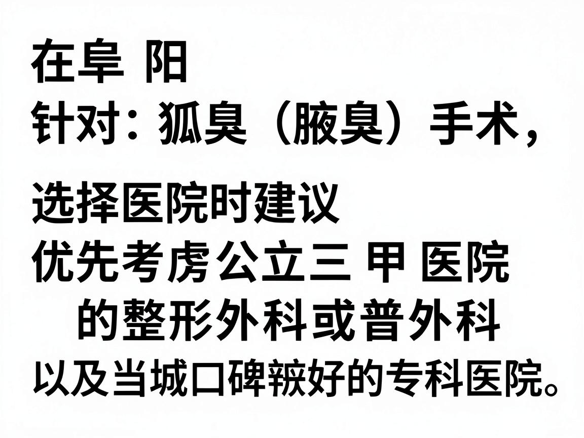 在阜阳，针对狐臭（腋臭）手术，选择医院时建议优先考虑公立三甲医院的整形外科或普外科，以及当地口碑较好的专科医院。以下是基于公开信息和患者反馈的几家参考医院及其特点
