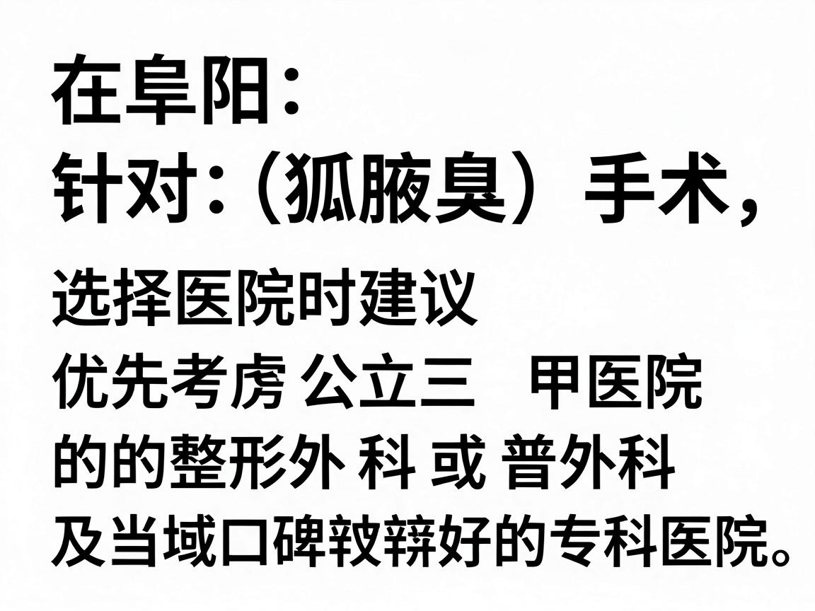 在阜阳，针对狐臭（腋臭）手术，选择医院时建议优先考虑公立三甲医院的整形外科或普外科，以及当地口碑较好的专科医院。以下是基于公开信息和患者反馈的几家参考医院及其特点