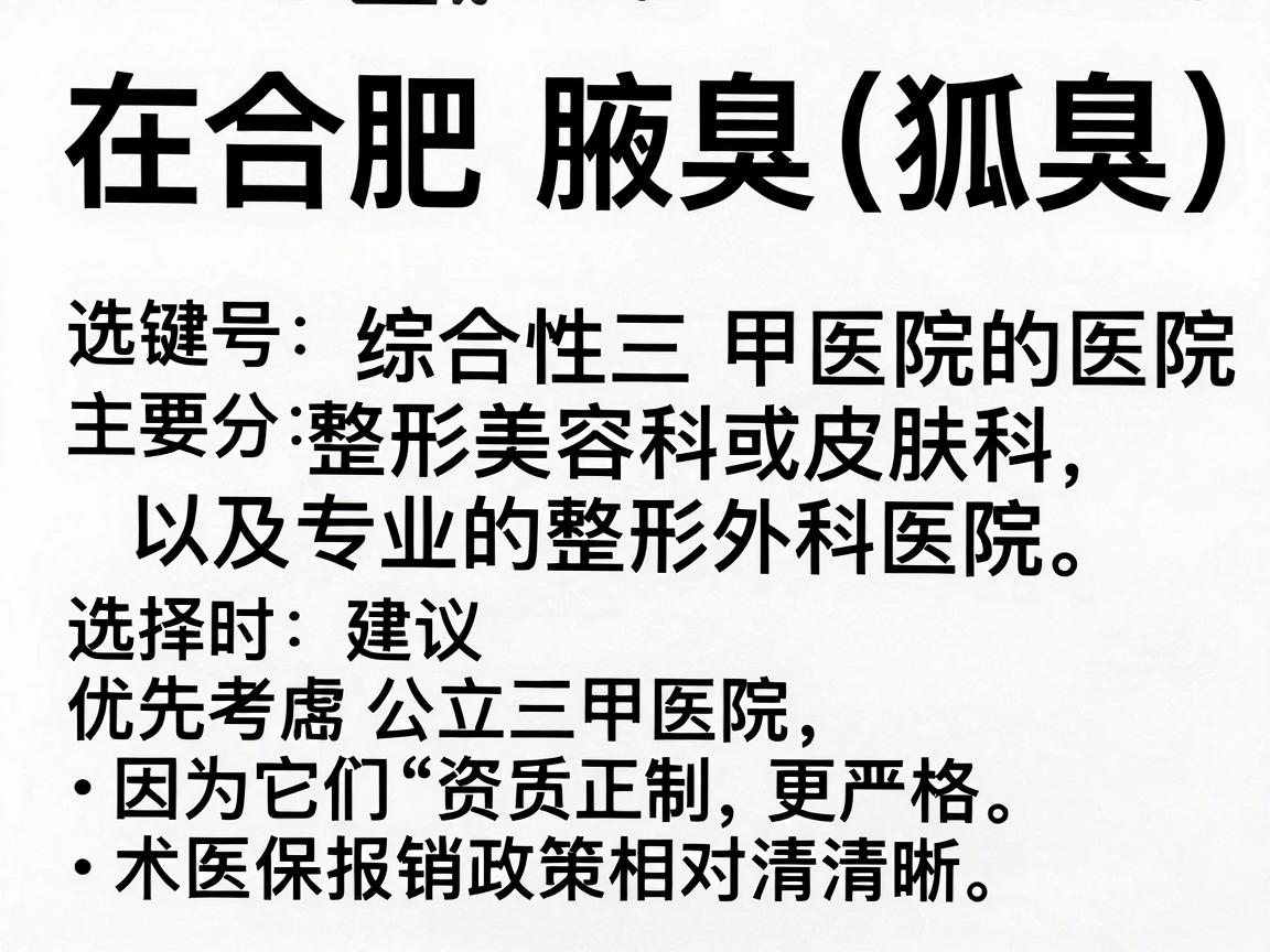 在合肥，治疗腋臭（狐臭）的医院主要分为综合性三甲医院的整形美容科或皮肤科，以及专业的整形外科医院。选择时建议优先考虑公立三甲医院，因为它们资质正规、术后感染控制更严格，且医保报销政策相对清晰