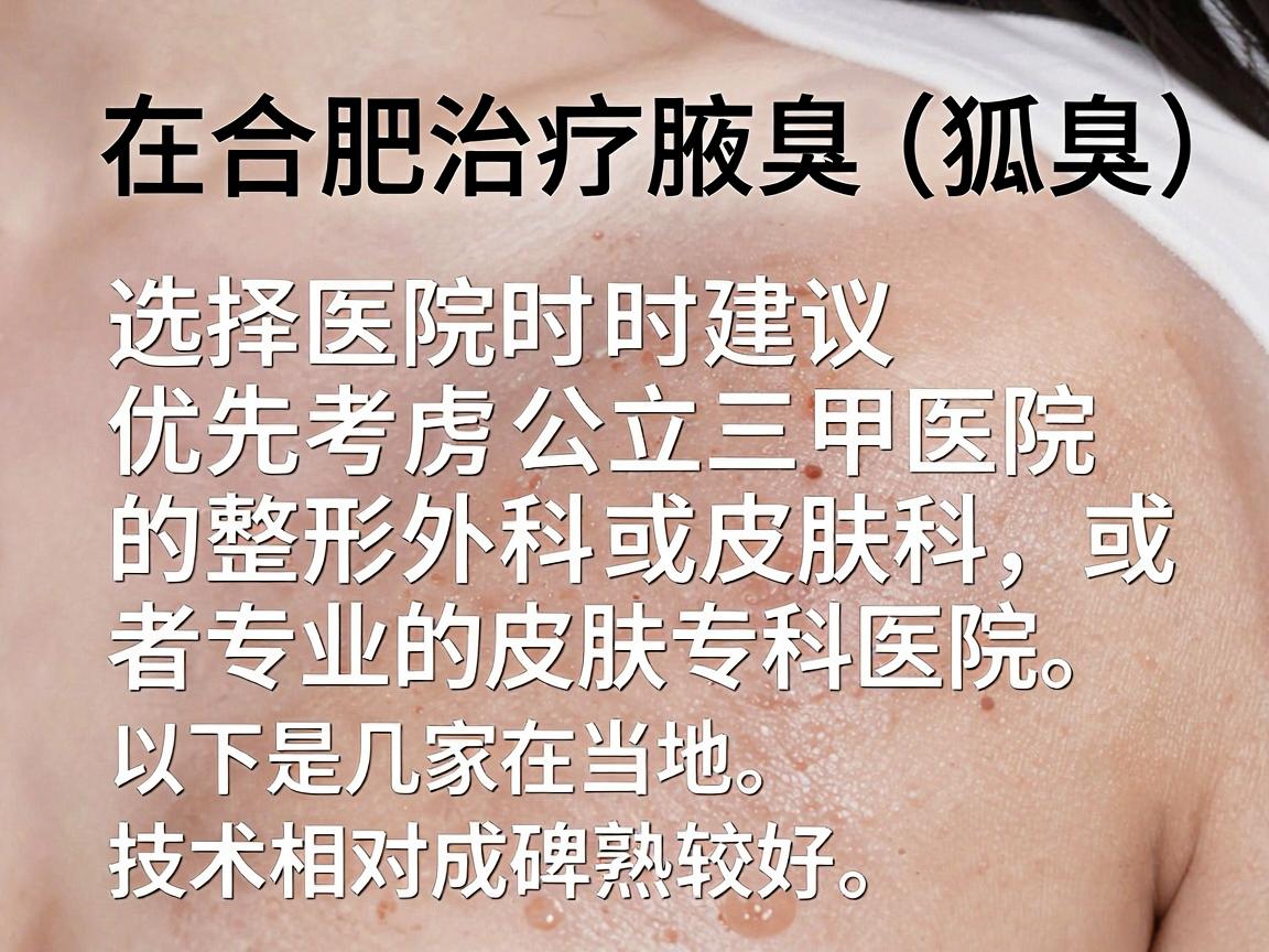 在合肥治疗腋臭（狐臭）选择医院时建议优先考虑公立三甲医院的整形外科或皮肤科，或者专业的皮肤专科医院。以下是几家在当地口碑较好、技术相对成熟的医院，供你参考