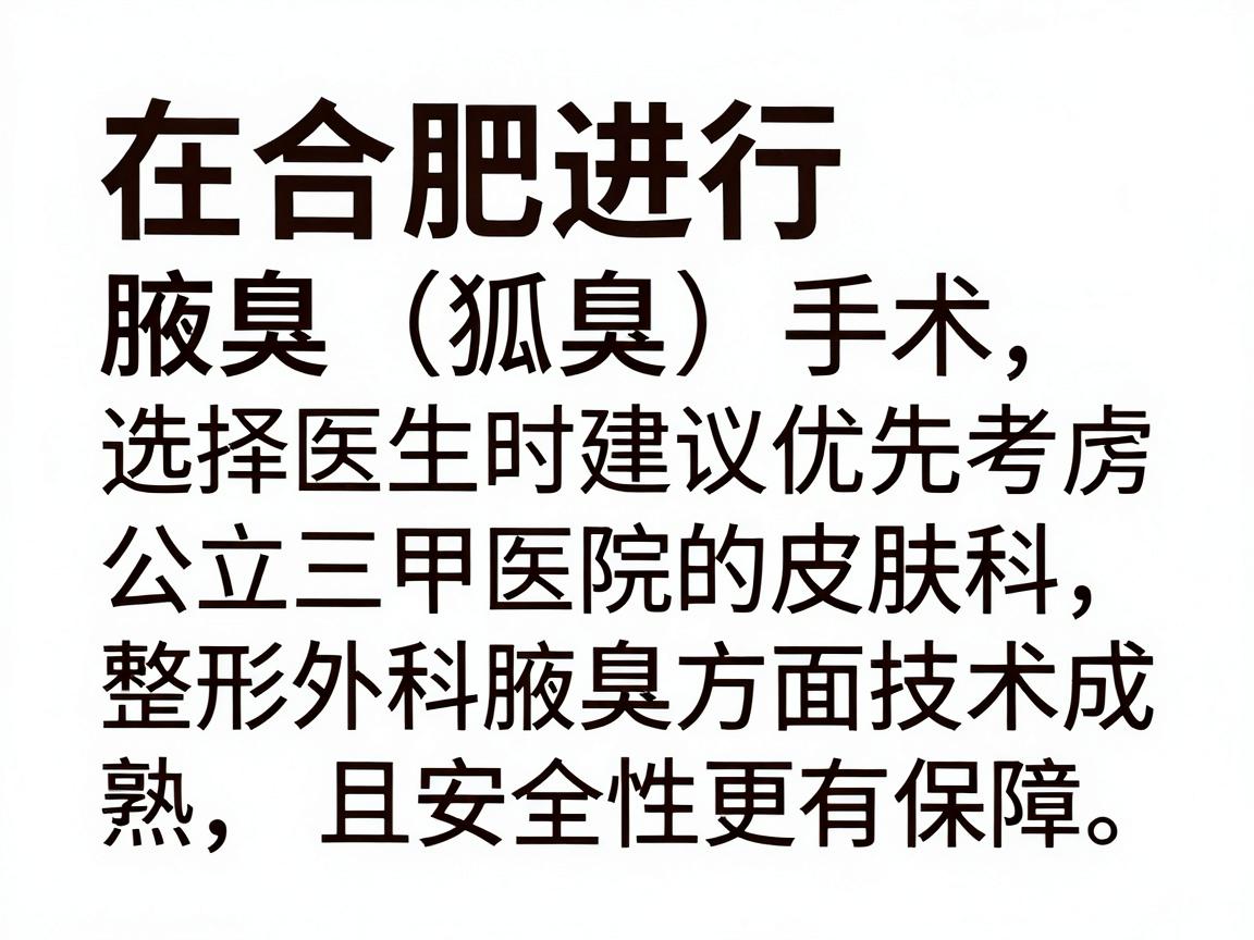 在合肥进行腋臭（狐臭）手术，选择医生时建议优先考虑公立三甲医院的整形外科或皮肤科。这两个科室在处理腋臭方面技术成熟，且安全性更有保障