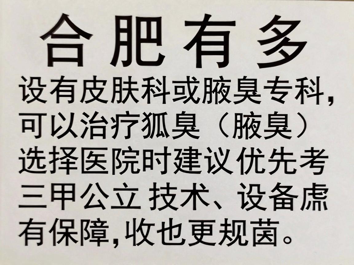 合肥有多家医院设有皮肤科或腋臭专科，可以治疗狐臭（腋臭）选择医院时，建议优先考虑三甲公立医院，因为其医疗技术、设备以及医生经验通常更有保障，收费也更规范