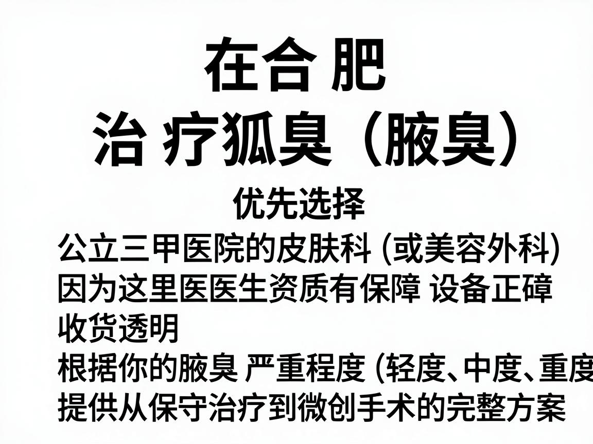 在合肥，治疗狐臭（腋臭）建议优先选择公立三甲医院的皮肤科（或美容外科）因为这里医生资质有保障、设备正规、收费透明，且能根据你的腋臭严重程度（轻度、中度、重度）提供从保守治疗到微创手术的完整方案