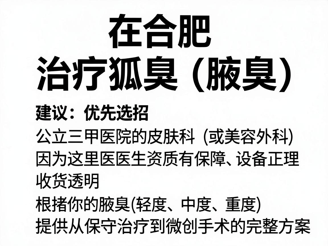 在合肥，治疗狐臭（腋臭）建议优先选择公立三甲医院的皮肤科（或美容外科）因为这里医生资质有保障、设备正规、收费透明，且能根据你的腋臭严重程度（轻度、中度、重度）提供从保守治疗到微创手术的完整方案
