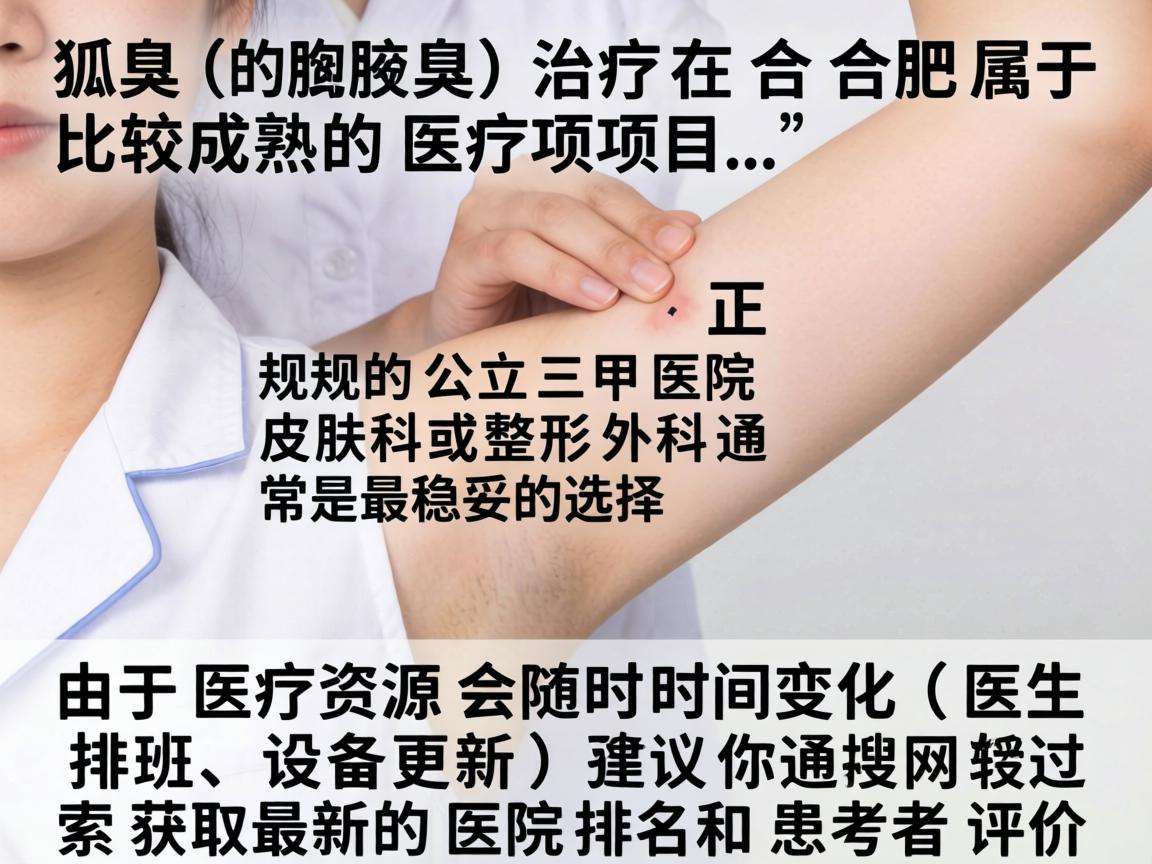 狐臭（腋臭）的治疗在合肥属于比较成熟的医疗项目，正规的公立三甲医院皮肤科或整形外科通常是最稳妥的选择。由于医疗资源会随时间变化（医生排班、设备更新）建议你通过联网搜索获取最新的医院排名和患者评价