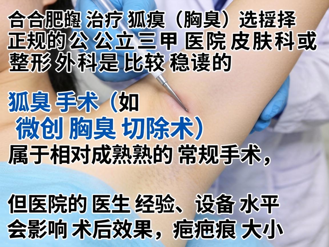 在合肥治疗狐臭（腋臭）选择正规的公立三甲医院皮肤科或整形外科是比较稳妥的。狐臭手术（如微创腋臭切除术）属于相对成熟的常规手术，但医院的医生经验、设备水平会影响术后效果和疤痕大小