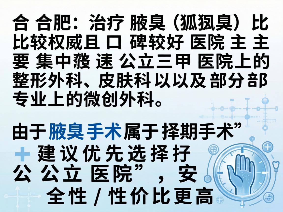 在合肥，治疗腋臭（狐臭）比较权威且口碑较好的医院主要集中在公立三甲医院的整形外科、皮肤科以及部分专业的微创外科。由于腋臭手术属于择期手术，建议优先选择公立医院，安全性和性价比更高