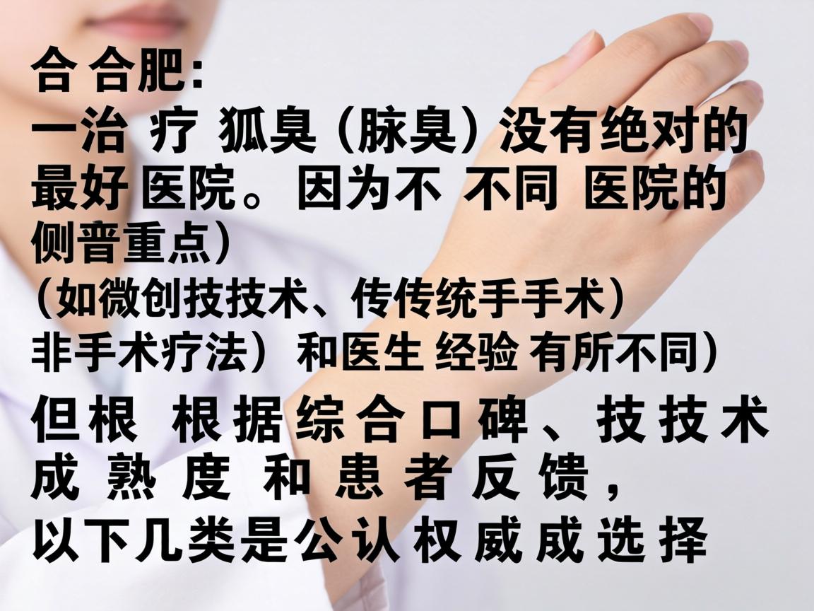 在合肥，治疗狐臭（腋臭）没有绝对的最好医院，因为不同医院的侧重点（如微创技术、传统手术、非手术疗法）和医生经验有所不同。但根据综合口碑、技术成熟度和患者反馈，以下几类是公认的权威选择