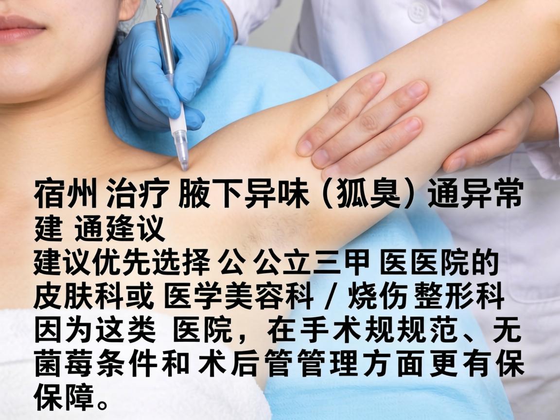 在宿州，治疗腋下异味（狐臭）通常建议优先选择公立三甲医院的皮肤科或医学美容科/烧伤整形科，因为这类医院在手术规范、无菌条件和术后管理方面更有保障