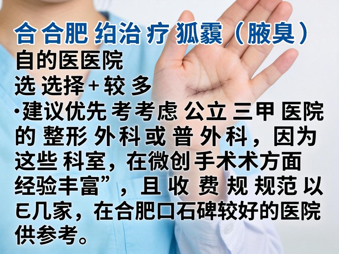 在合肥，治疗狐臭（腋臭）的医院选择较多，建议优先考虑公立三甲医院的整形外科或普外科，因为这些科室在微创手术方面经验丰富，且收费规范。以下是几家在合肥口碑较好的医院供参考