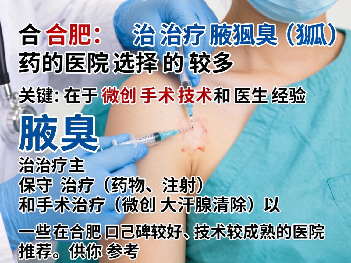 在合肥，治疗腋臭（狐臭）的医院选择较多，关键在于微创手术技术和医生经验。腋臭治疗主要分为保守治疗（药物、注射）和手术治疗（微创大汗腺清除）以下是一些在合肥口碑较好、技术较成熟的医院推荐，供你参考