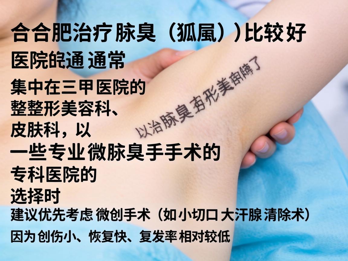 在合肥，治疗腋臭（狐臭）比较好的医院通常集中在三甲医院的整形美容科、皮肤科，以及一些专业做腋臭手术的专科医院。选择时建议优先考虑微创手术（如小切口大汗腺清除术）因为创伤小、恢复快、复发率相对较低