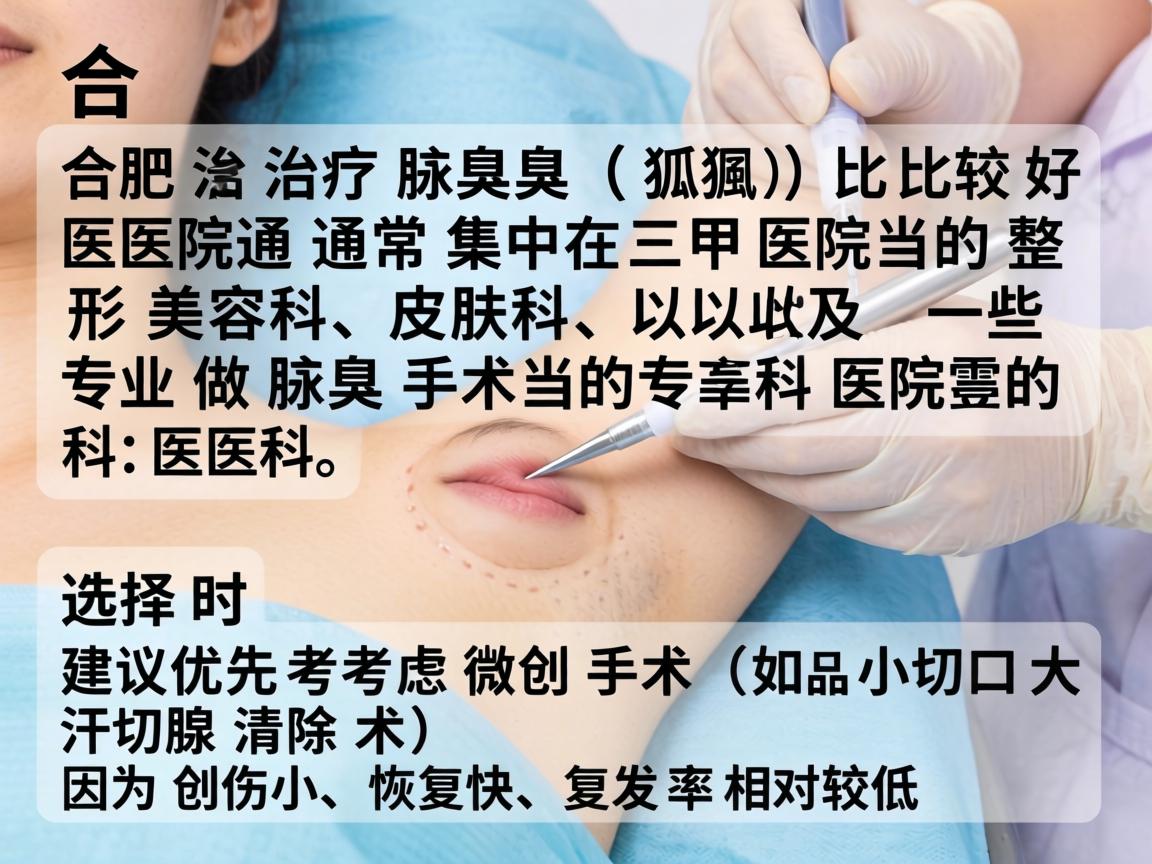 在合肥，治疗腋臭（狐臭）比较好的医院通常集中在三甲医院的整形美容科、皮肤科，以及一些专业做腋臭手术的专科医院。选择时建议优先考虑微创手术（如小切口大汗腺清除术）因为创伤小、恢复快、复发率相对较低