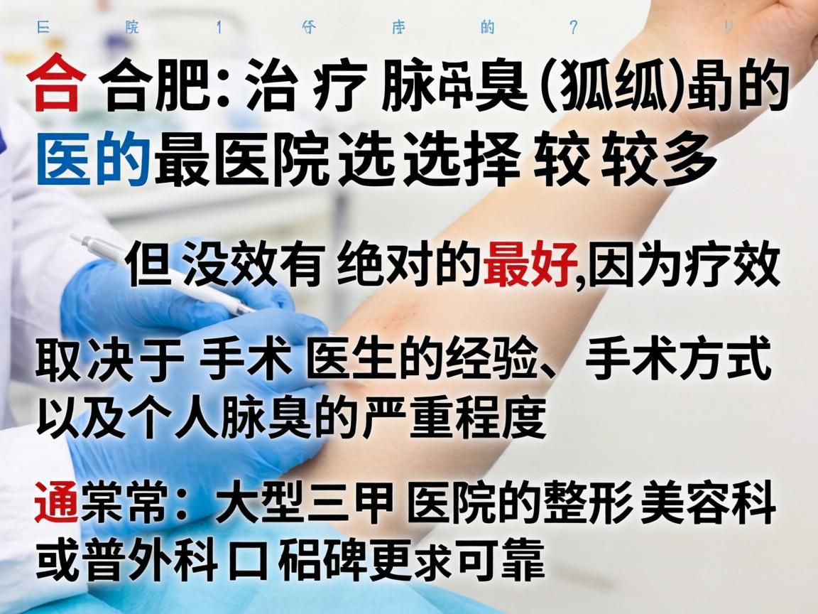 在合肥,治疗腋臭(狐臭)的医院选择较多,但没有绝对的最好,因为疗效取决于手术医生的经验、手术方式以及个人腋臭的严重程度。通常,大型三甲医院的整形美容科或普外科口碑更可靠 在合肥,治疗腋臭(狐臭)的医院选择较多,但没有绝对的最好,因为疗效取决于手术医生的经验、手术方式以及个人腋臭的严重程度。通常,大型三甲医院的整形美容科或普外科口碑更可靠
