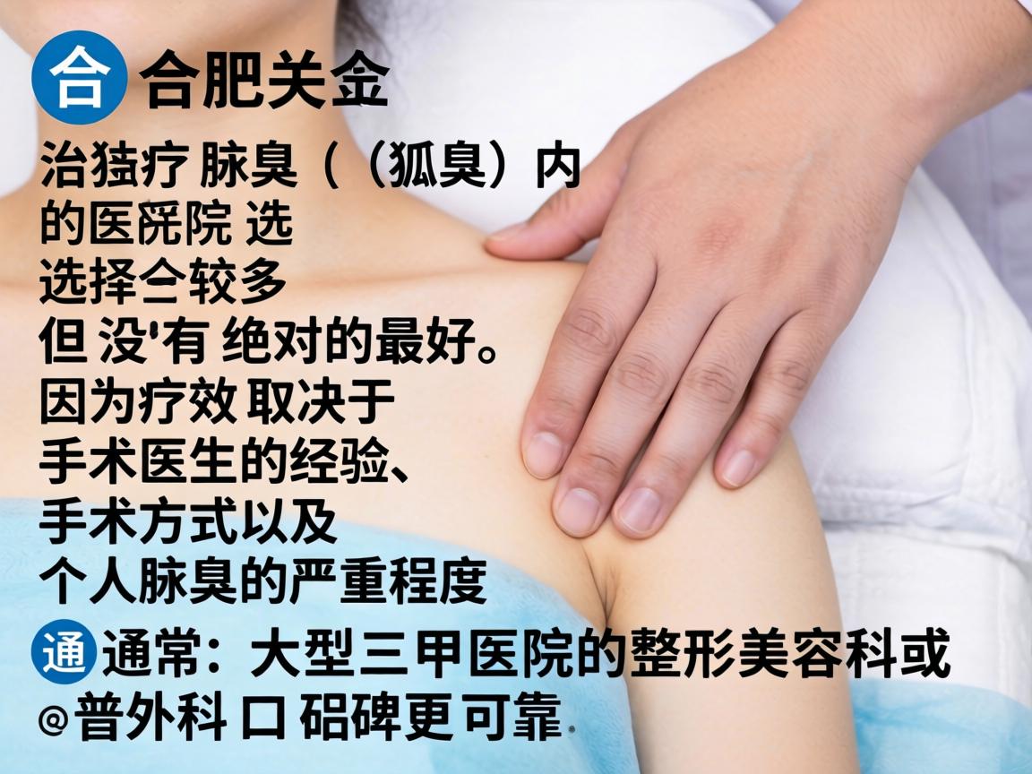 在合肥,治疗腋臭(狐臭)的医院选择较多,但没有绝对的最好,因为疗效取决于手术医生的经验、手术方式以及个人腋臭的严重程度。通常,大型三甲医院的整形美容科或普外科口碑更可靠 在合肥,治疗腋臭(狐臭)的医院选择较多,但没有绝对的最好,因为疗效取决于手术医生的经验、手术方式以及个人腋臭的严重程度。通常,大型三甲医院的整形美容科或普外科口碑更可靠