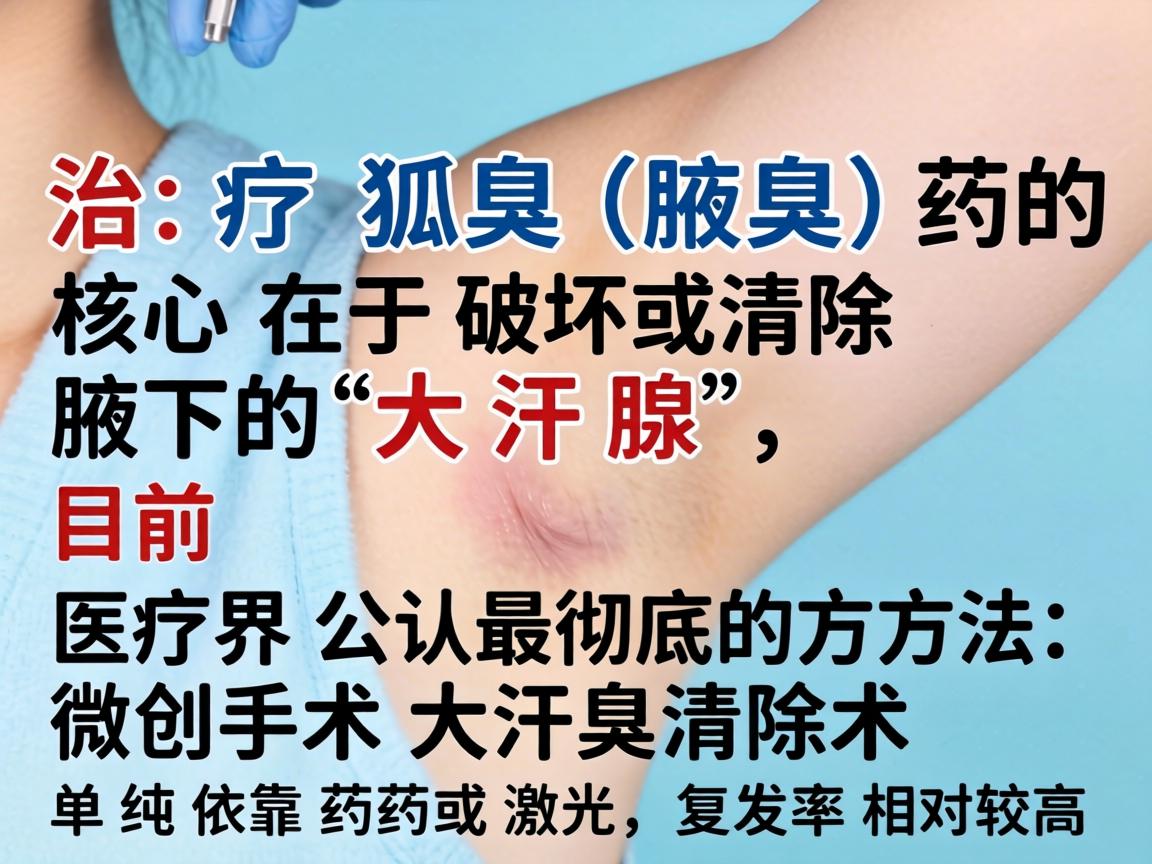治疗狐臭（腋臭）的核心在于破坏或清除腋下的大汗腺，目前医疗界公认最彻底的方法是微创手术或大汗腺清除术。单纯依靠药物或激光，复发率相对较高