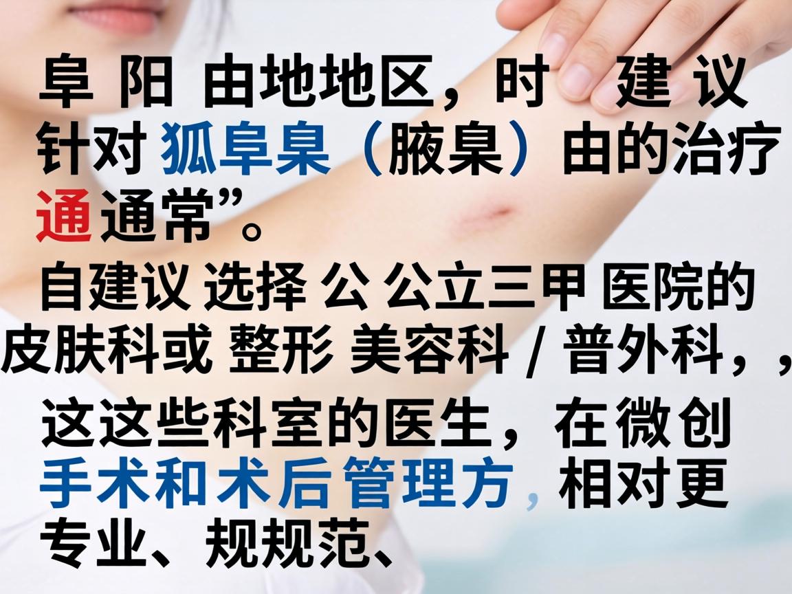 在阜阳地区，针对狐臭（腋臭）的治疗，通常建议选择公立三甲医院的皮肤科或整形美容科/普外科，这些科室的医生在微创手术和术后管理方面相对更专业、规范