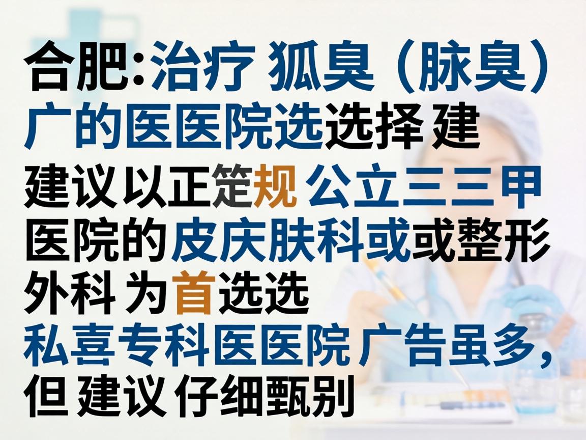 合肥治疗狐臭（腋臭）的医院选择，建议以正规公立三甲医院的皮肤科或整形外科为首选。私立专科医院广告虽多，但建议仔细甄别