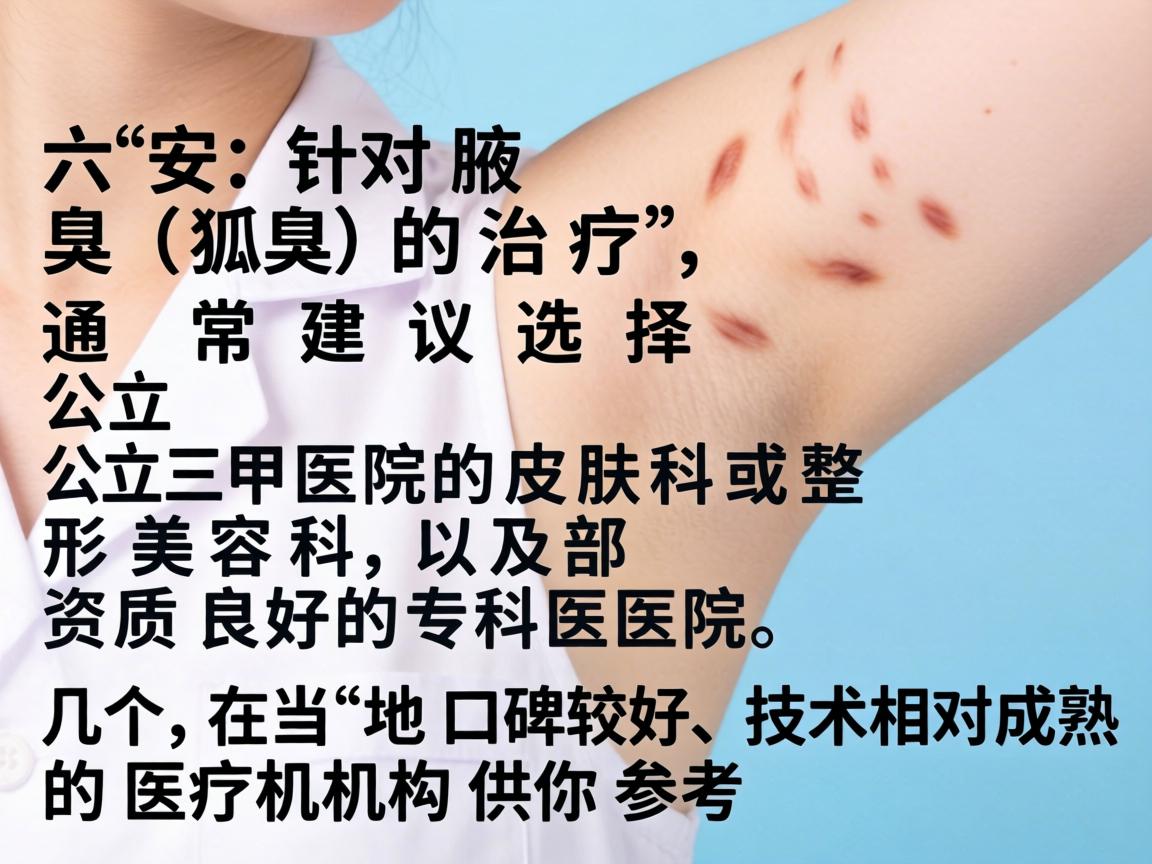 在六安，针对腋臭（狐臭）的治疗，通常建议选择公立三甲医院的皮肤科或整形美容科，以及部分资质良好的专科医院。以下是几个在当地口碑较好、技术相对成熟的医疗机构供你参考